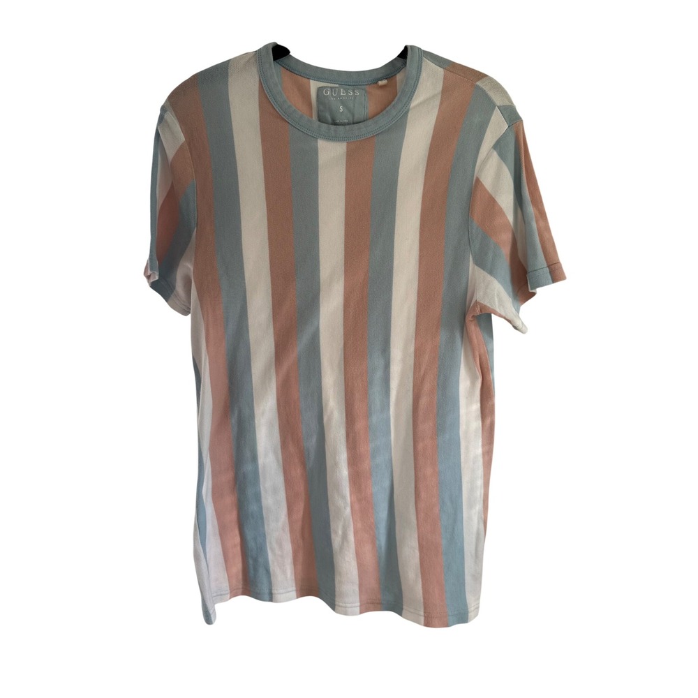 Guess Los Angeles Mens Vertical Stripe T-Shirt Pastel Blue Pink Cream Small